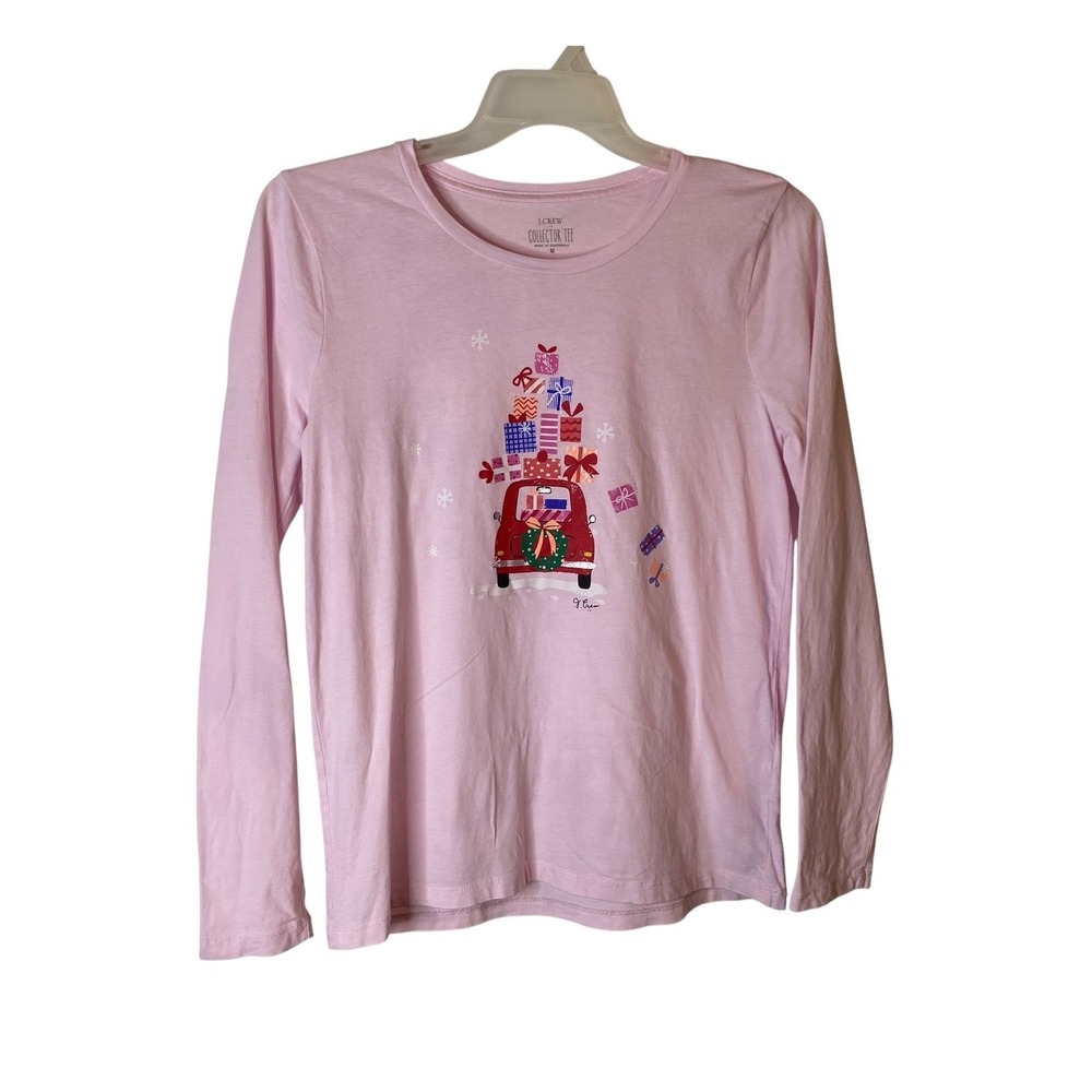 J.Crew Womens Collector Tee Pink Long Sleeve Christmas Graphic T-Shirt Medium